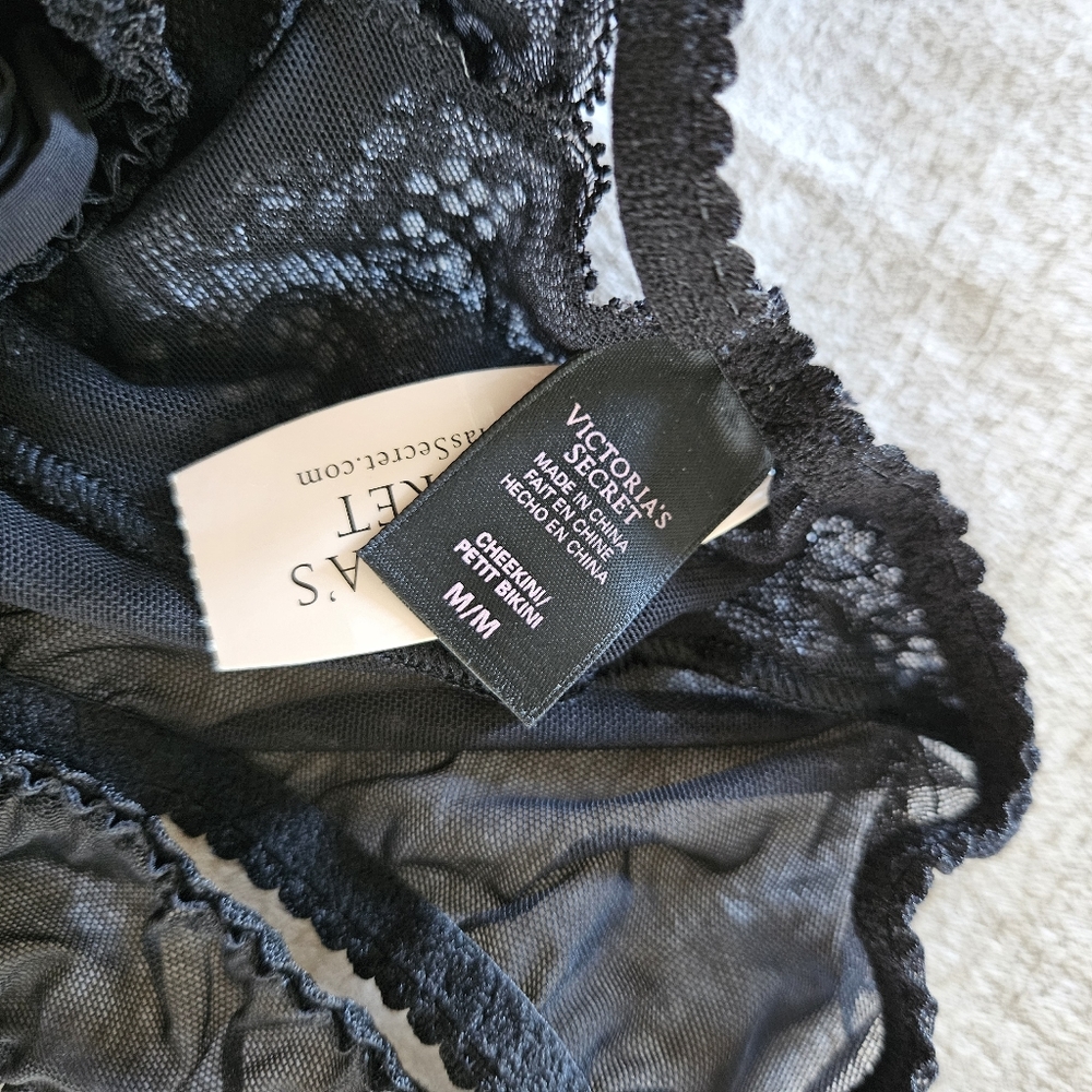 NWT VICTORIA’S SECRET bow lace cute Black Mesh Cheeky sexy vintage Panties - Picture 2 of 7